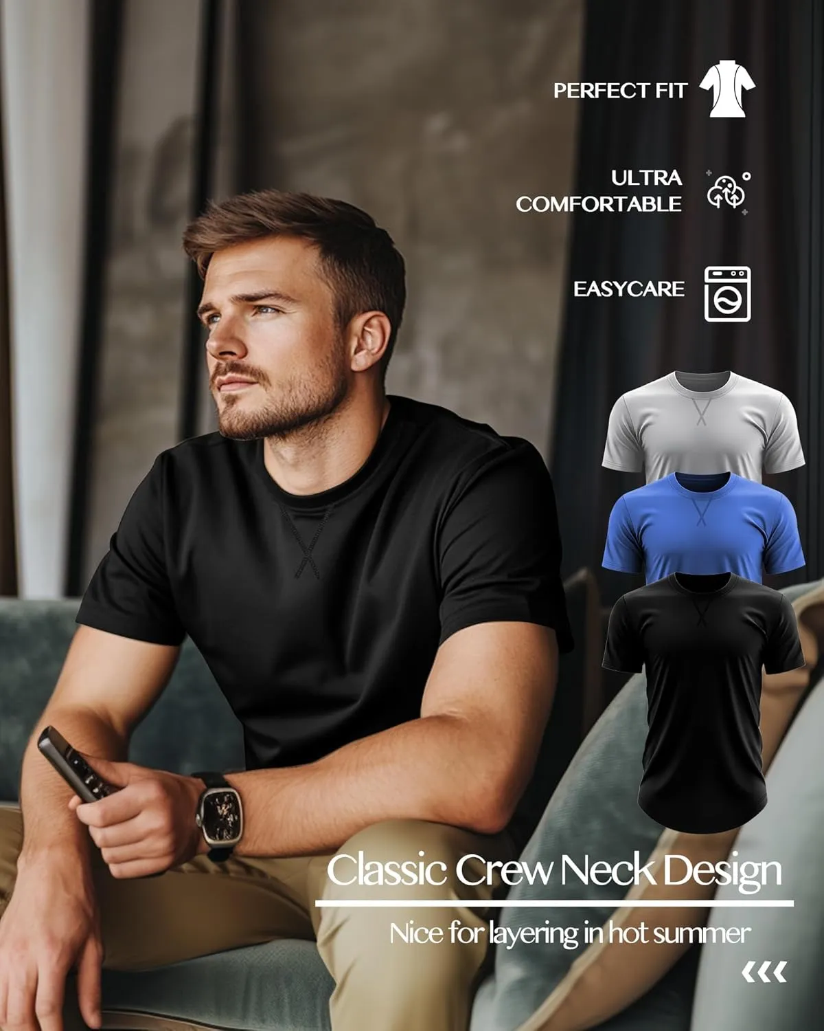 Neer 3 Pack Men's Big and Tall T-Shirts Cotton Short Sleeve Crewneck Plus Size Tee Shirts Hipster Longline Tops