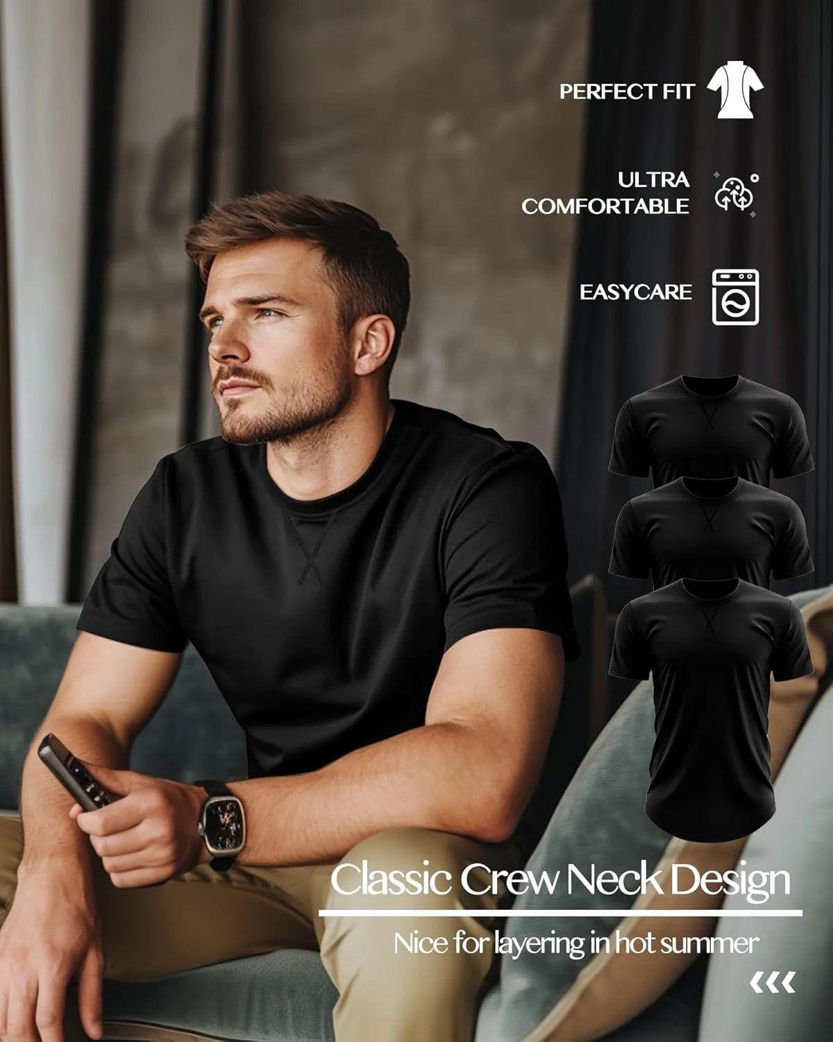 Neer 3 Pack Men's Big and Tall T-Shirts Cotton Short Sleeve Crewneck Plus Size Tee Shirts Hipster Longline Tops