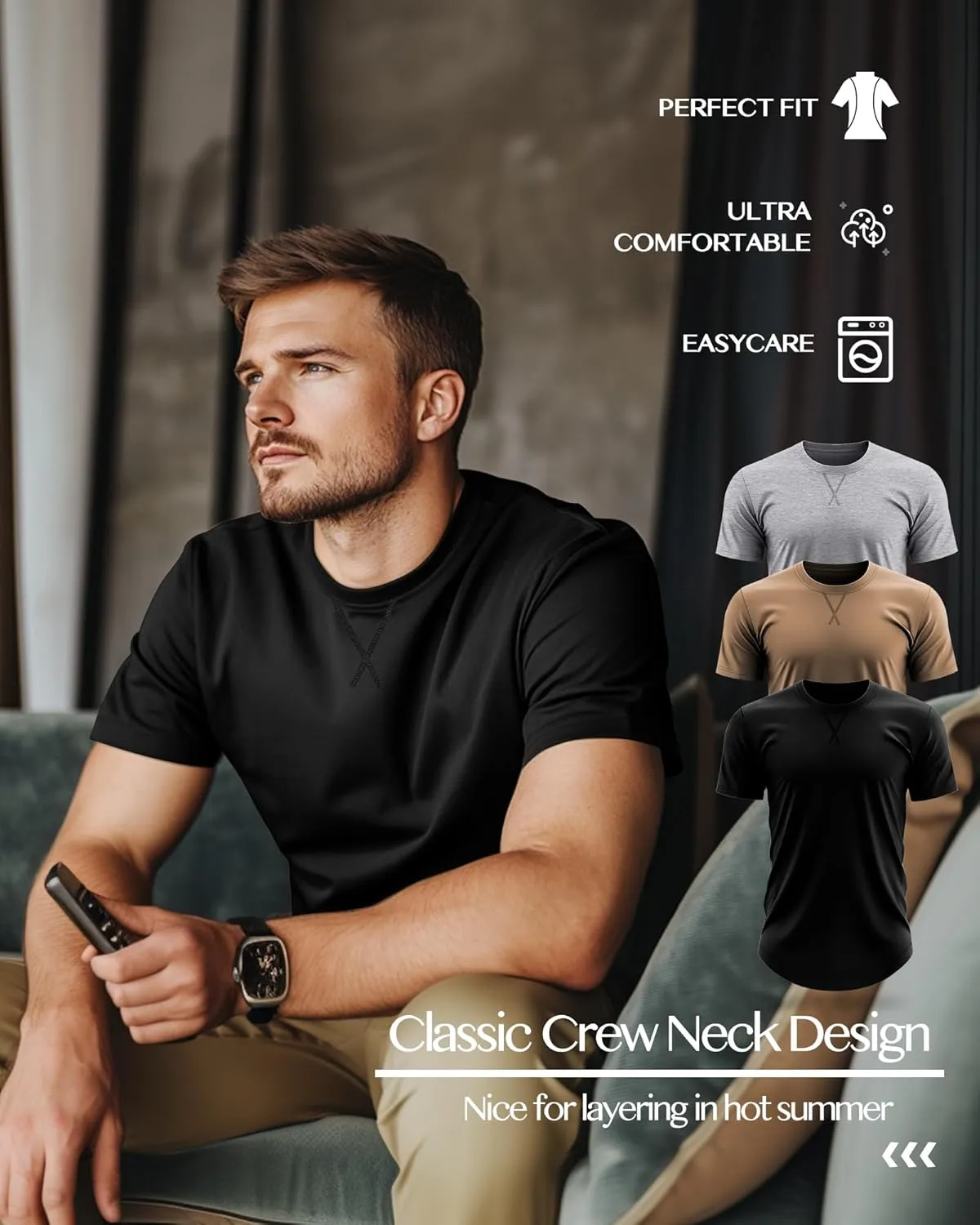 Neer 3 Pack Men's Big and Tall T-Shirts Cotton Short Sleeve Crewneck Plus Size Tee Shirts Hipster Longline Tops