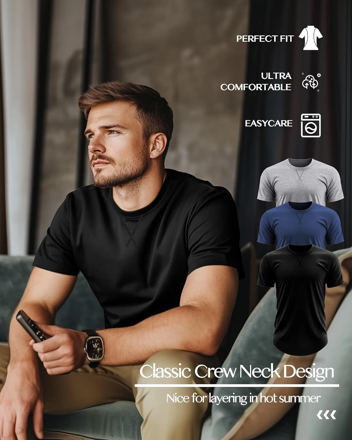 Neer 3 Pack Men's Big and Tall T-Shirts Cotton Short Sleeve Crewneck Plus Size Tee Shirts Hipster Longline Tops