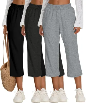 Neer 3 Pack Women's Capri Sweatpants Modal Soft Wide Leg Capris Summer Lounge Yoga Workout Cropped Pants with Pockets