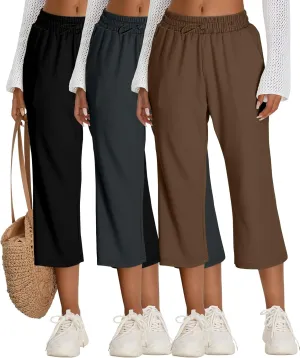 Neer 3 Pack Women's Capri Sweatpants Modal Soft Wide Leg Capris Summer Lounge Yoga Workout Cropped Pants with Pockets