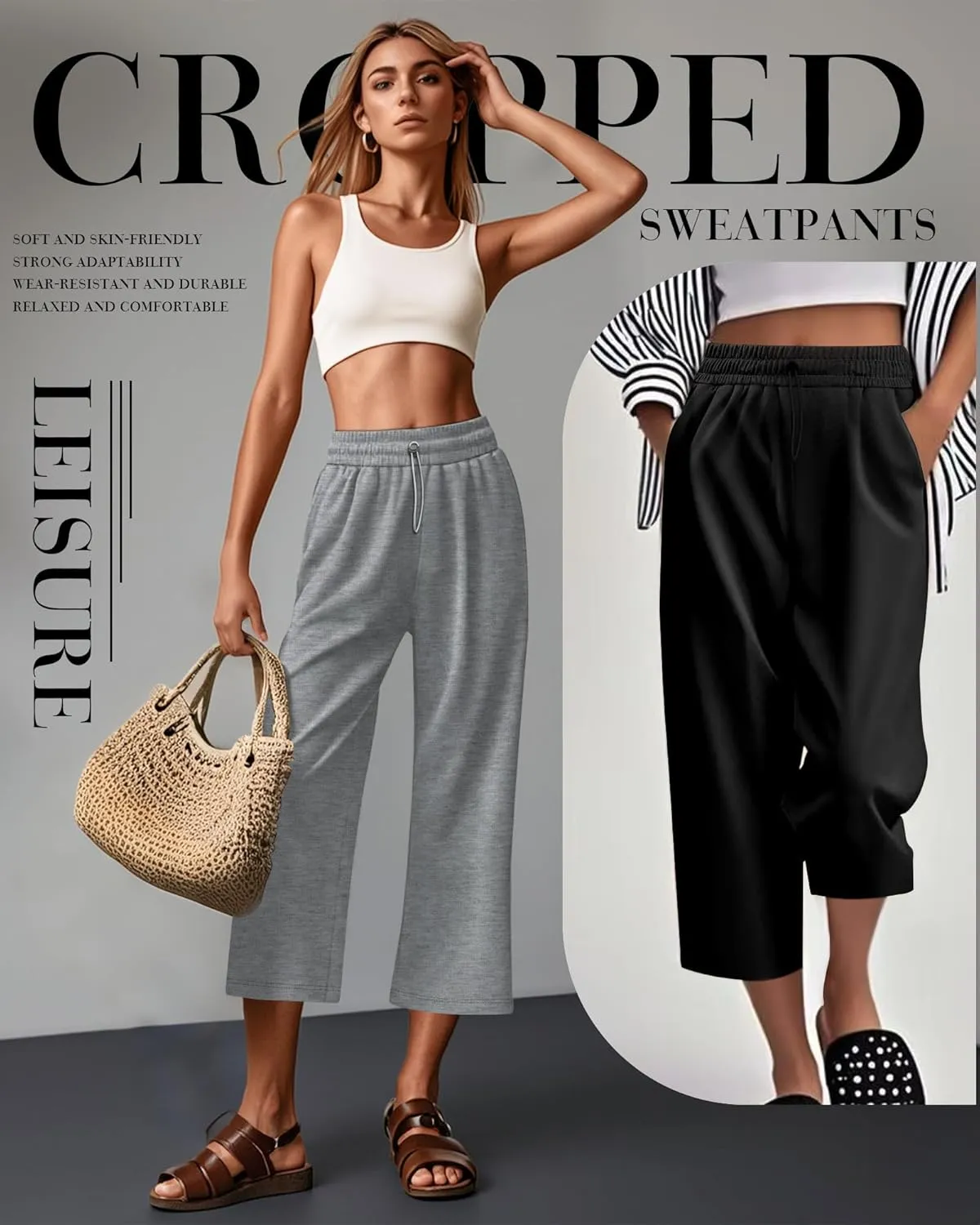 Neer 3 Pack Women's Capri Sweatpants Modal Soft Wide Leg Capris Summer Lounge Yoga Workout Cropped Pants with Pockets