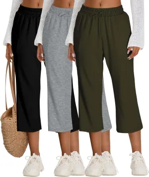 Neer 3 Pack Women's Capri Sweatpants Modal Soft Wide Leg Capris Summer Lounge Yoga Workout Cropped Pants with Pockets