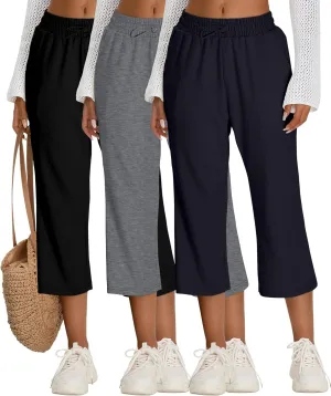 Neer 3 Pack Women's Capri Sweatpants Modal Soft Wide Leg Capris Summer Lounge Yoga Workout Cropped Pants with Pockets