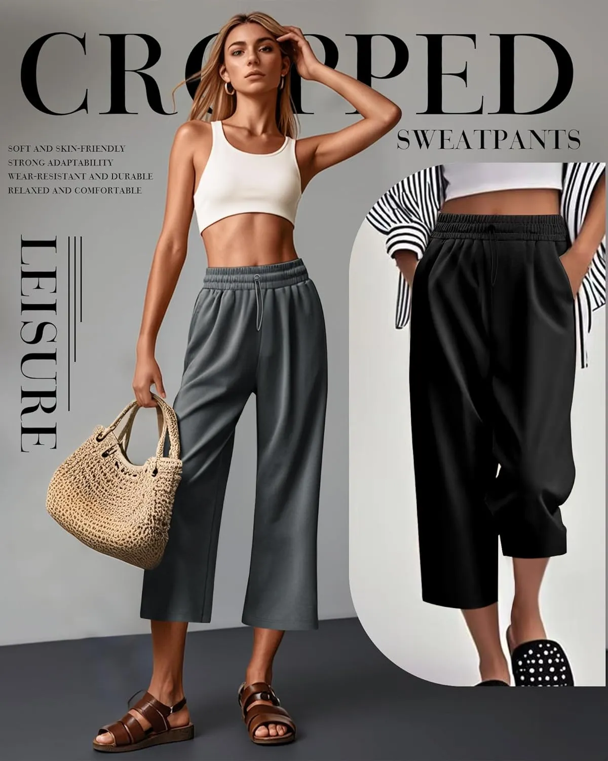 Neer 3 Pack Women's Capri Sweatpants Modal Soft Wide Leg Capris Summer Lounge Yoga Workout Cropped Pants with Pockets
