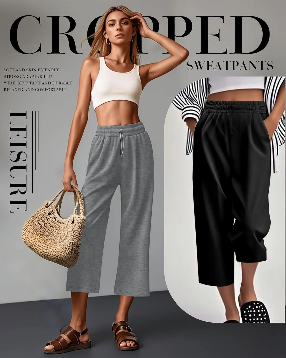 Neer 3 Pack Women's Capri Sweatpants Modal Soft Wide Leg Capris Summer Lounge Yoga Workout Cropped Pants with Pockets