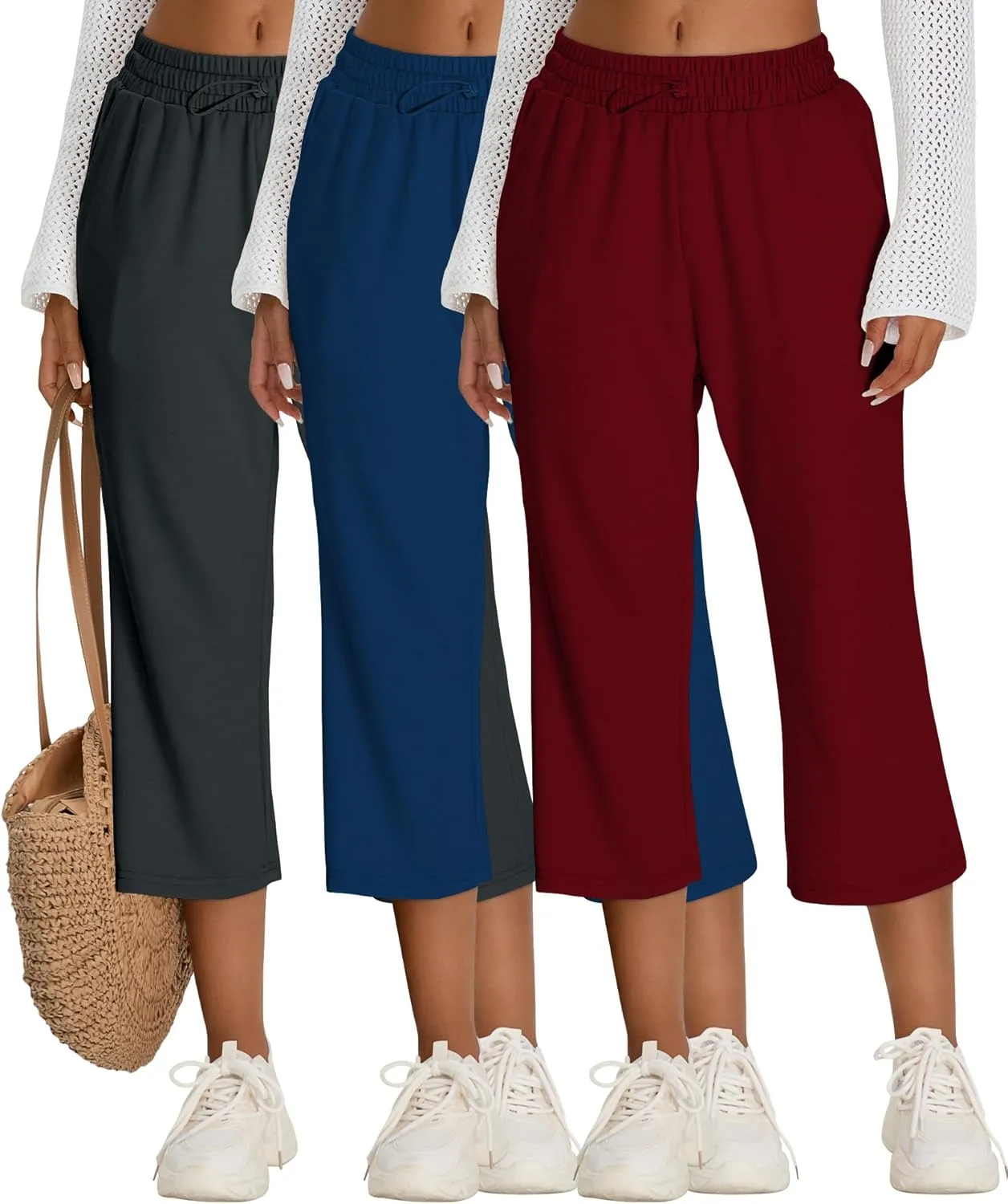 Neer 3 Pack Women's Capri Sweatpants Modal Soft Wide Leg Capris Summer Lounge Yoga Workout Cropped Pants with Pockets