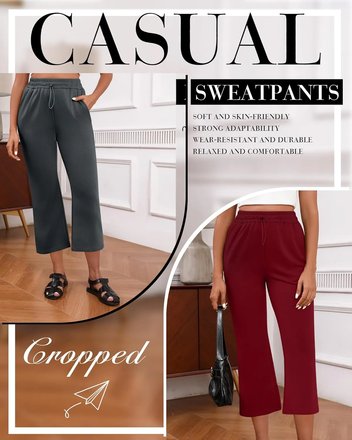 Neer 3 Pack Women's Capri Sweatpants Modal Soft Wide Leg Capris Summer Lounge Yoga Workout Cropped Pants with Pockets