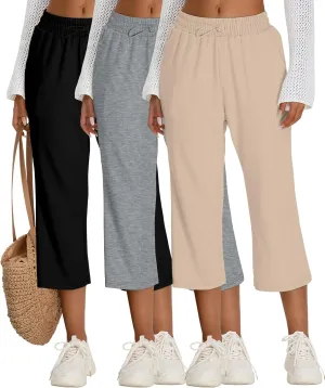 Neer 3 Pack Women's Capri Sweatpants Modal Soft Wide Leg Capris Summer Lounge Yoga Workout Cropped Pants with Pockets
