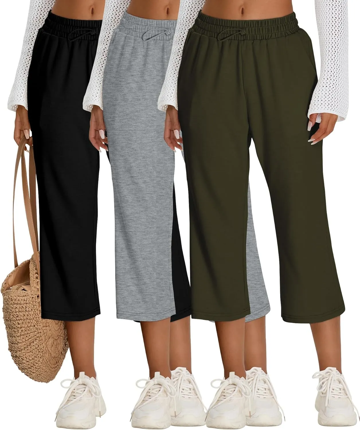 Neer 3 Pack Women's Capri Sweatpants Modal Soft Wide Leg Capris Summer Lounge Yoga Workout Cropped Pants with Pockets