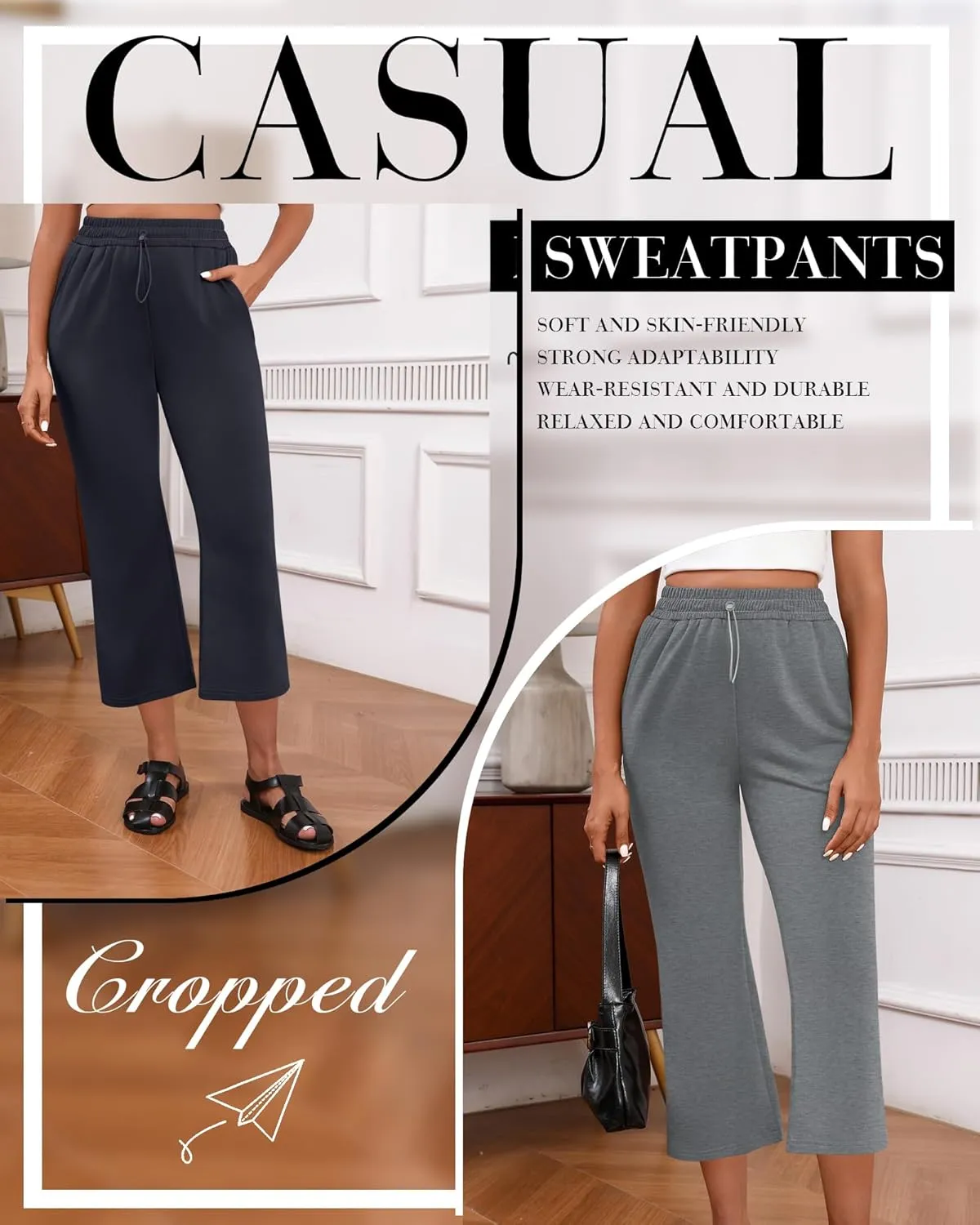 Neer 3 Pack Women's Capri Sweatpants Modal Soft Wide Leg Capris Summer Lounge Yoga Workout Cropped Pants with Pockets