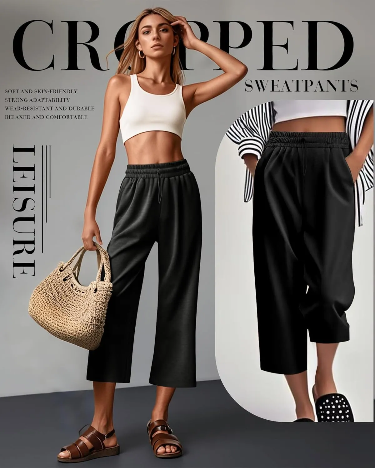 Neer 3 Pack Women's Capri Sweatpants Modal Soft Wide Leg Capris Summer Lounge Yoga Workout Cropped Pants with Pockets