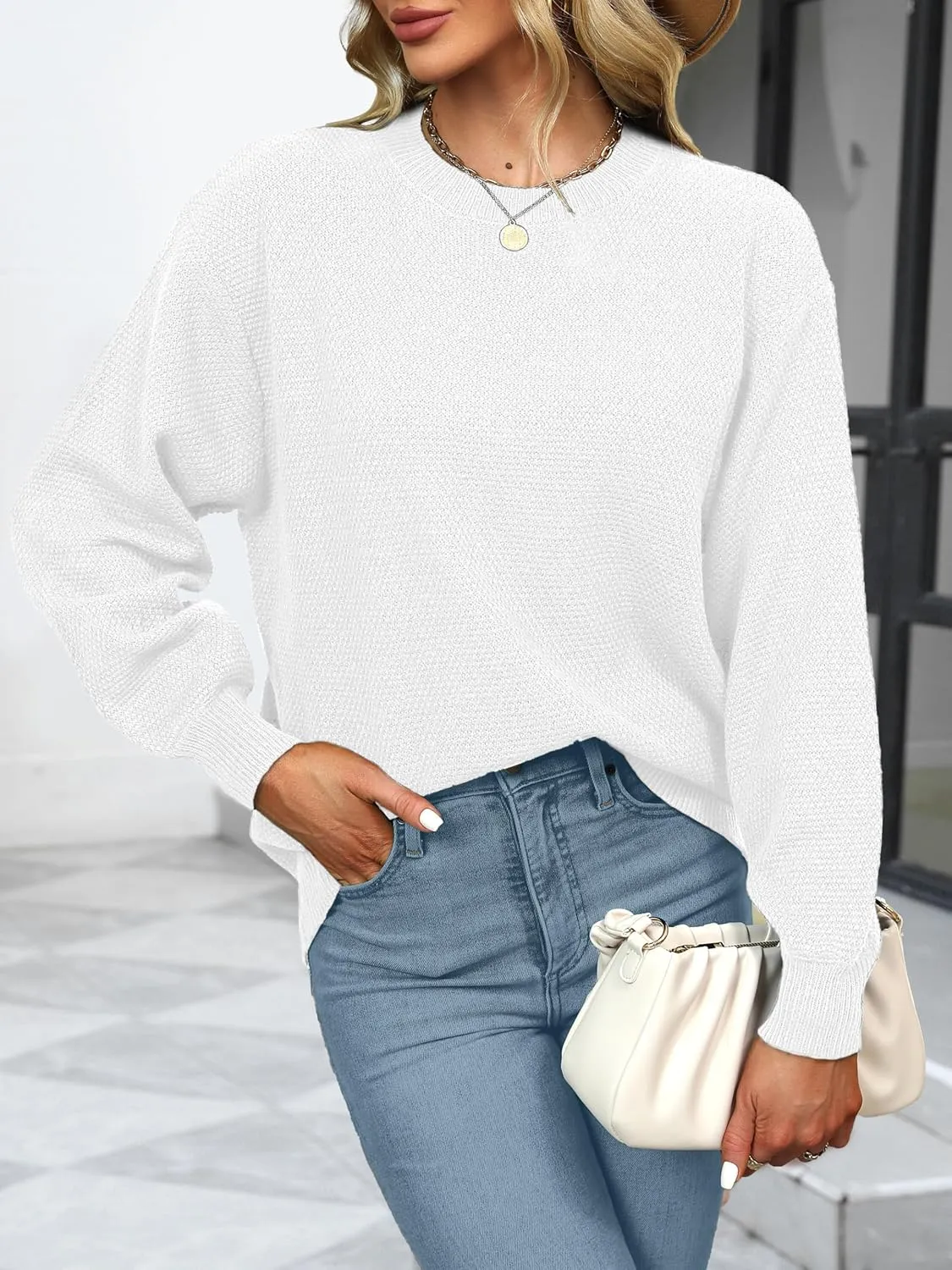 NIeyook Women's Oversized Sweaters 2025 Spring Trendy Long Sleeve Crew Neck Pullover Sweater Loose Heathered Knit Tops