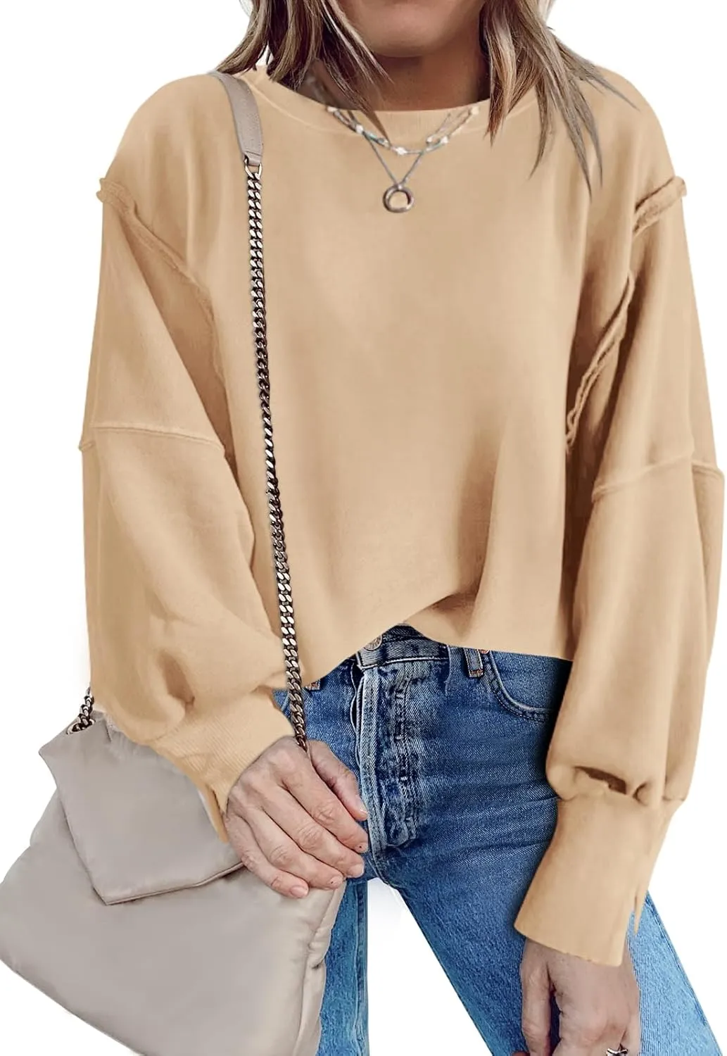Nirovien Womens Oversized Crewneck Sweatshirt Side Slit Long Sleeve Pullover Slouchy Fit Tops