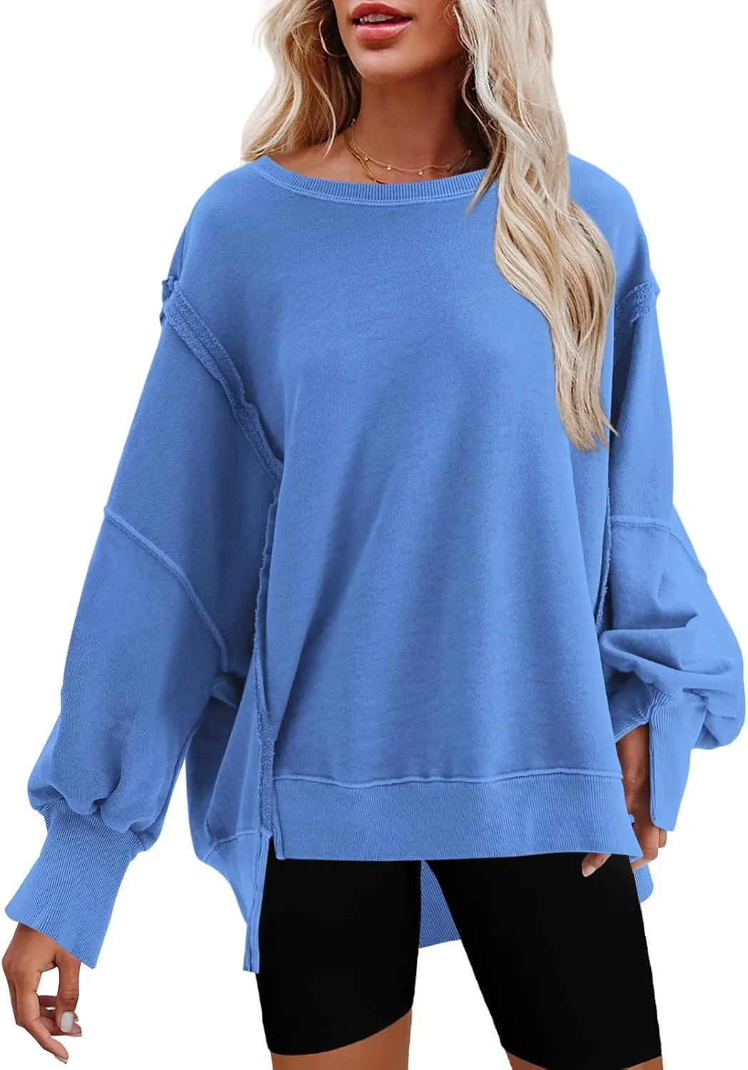 Nirovien Womens Oversized Crewneck Sweatshirt Side Slit Long Sleeve Pullover Slouchy Fit Tops
