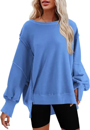 Nirovien Womens Oversized Crewneck Sweatshirt Side Slit Long Sleeve Pullover Slouchy Fit Tops
