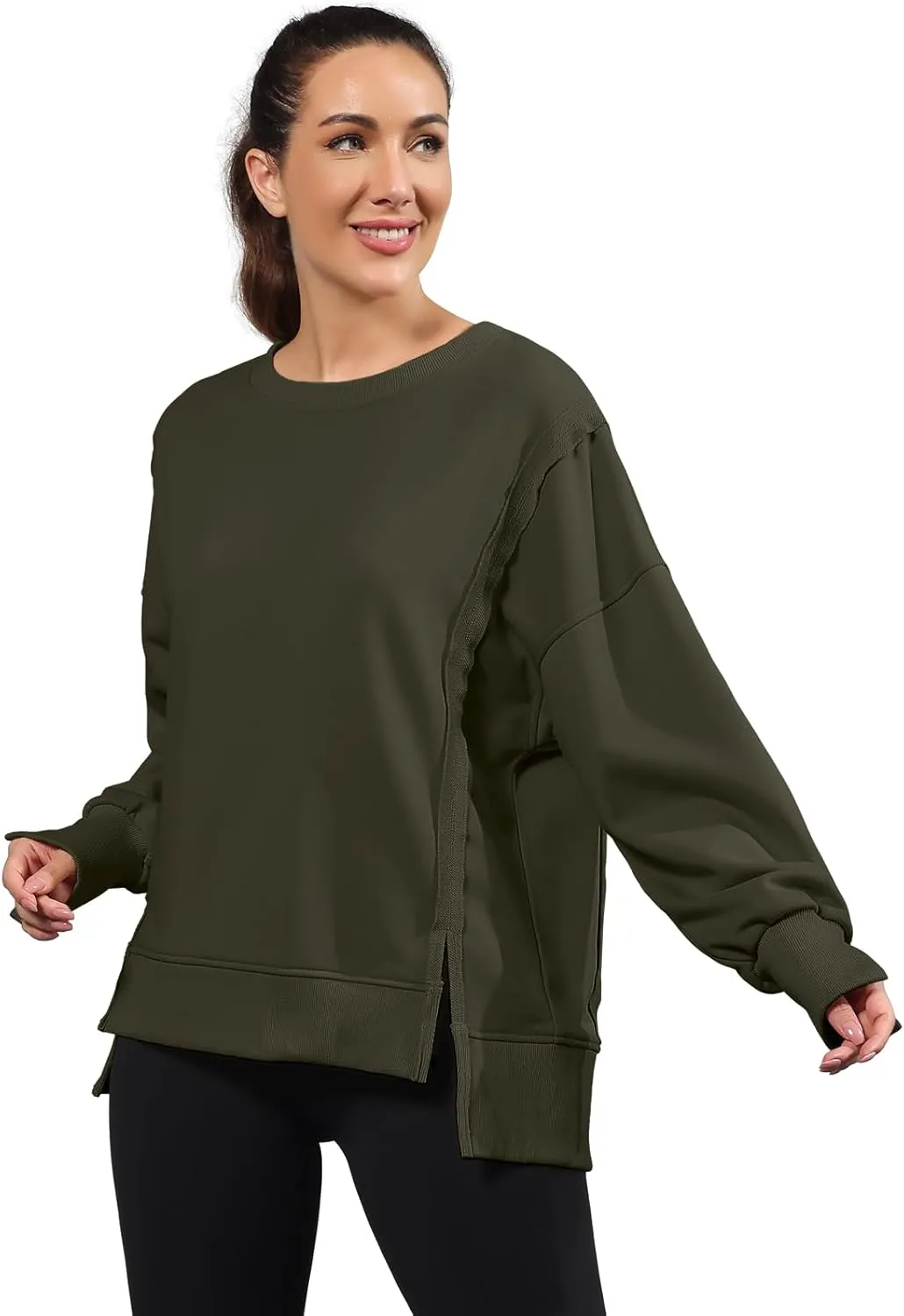 Nirovien Womens Oversized Crewneck Sweatshirt Side Slit Long Sleeve Pullover Slouchy Fit Tops