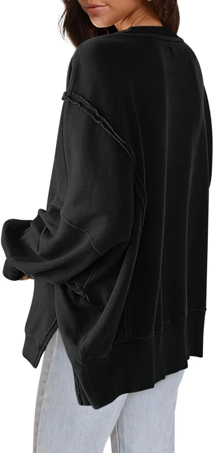 Nirovien Womens Oversized Crewneck Sweatshirt Side Slit Long Sleeve Pullover Slouchy Fit Tops