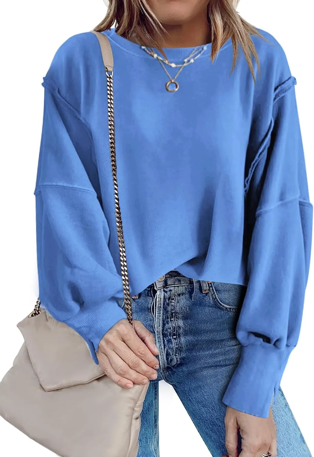 Nirovien Womens Oversized Crewneck Sweatshirt Side Slit Long Sleeve Pullover Slouchy Fit Tops