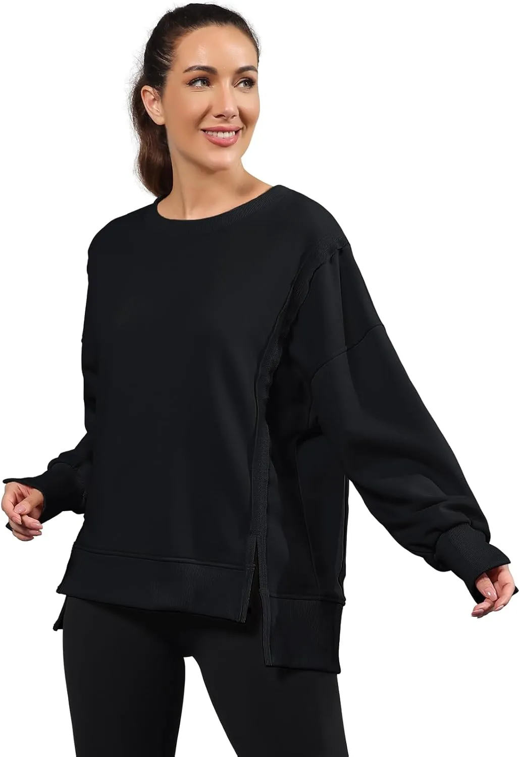 Nirovien Womens Oversized Crewneck Sweatshirt Side Slit Long Sleeve Pullover Slouchy Fit Tops