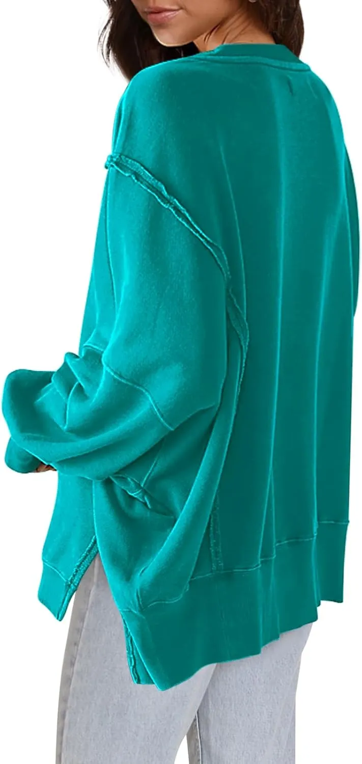 Nirovien Womens Oversized Crewneck Sweatshirt Side Slit Long Sleeve Pullover Slouchy Fit Tops