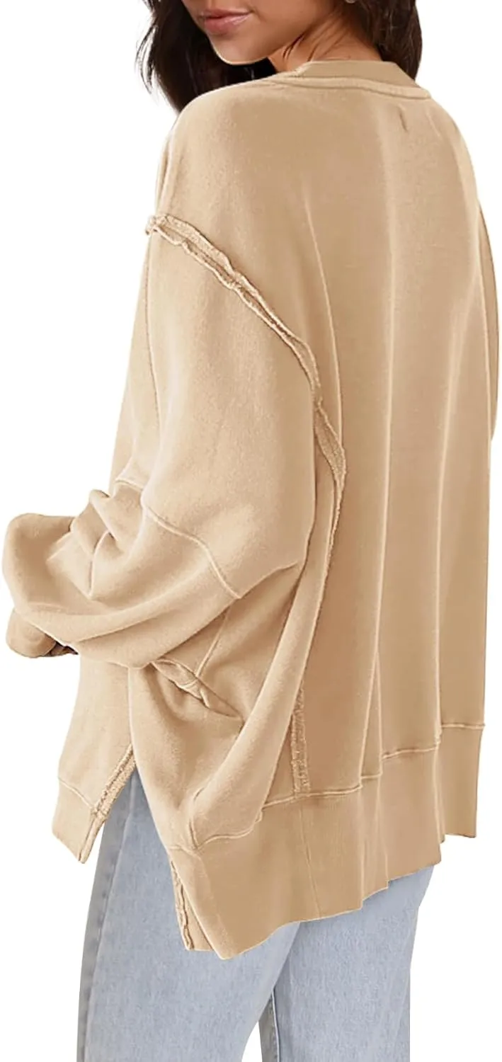Nirovien Womens Oversized Crewneck Sweatshirt Side Slit Long Sleeve Pullover Slouchy Fit Tops