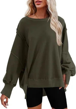 Nirovien Womens Oversized Crewneck Sweatshirt Side Slit Long Sleeve Pullover Slouchy Fit Tops