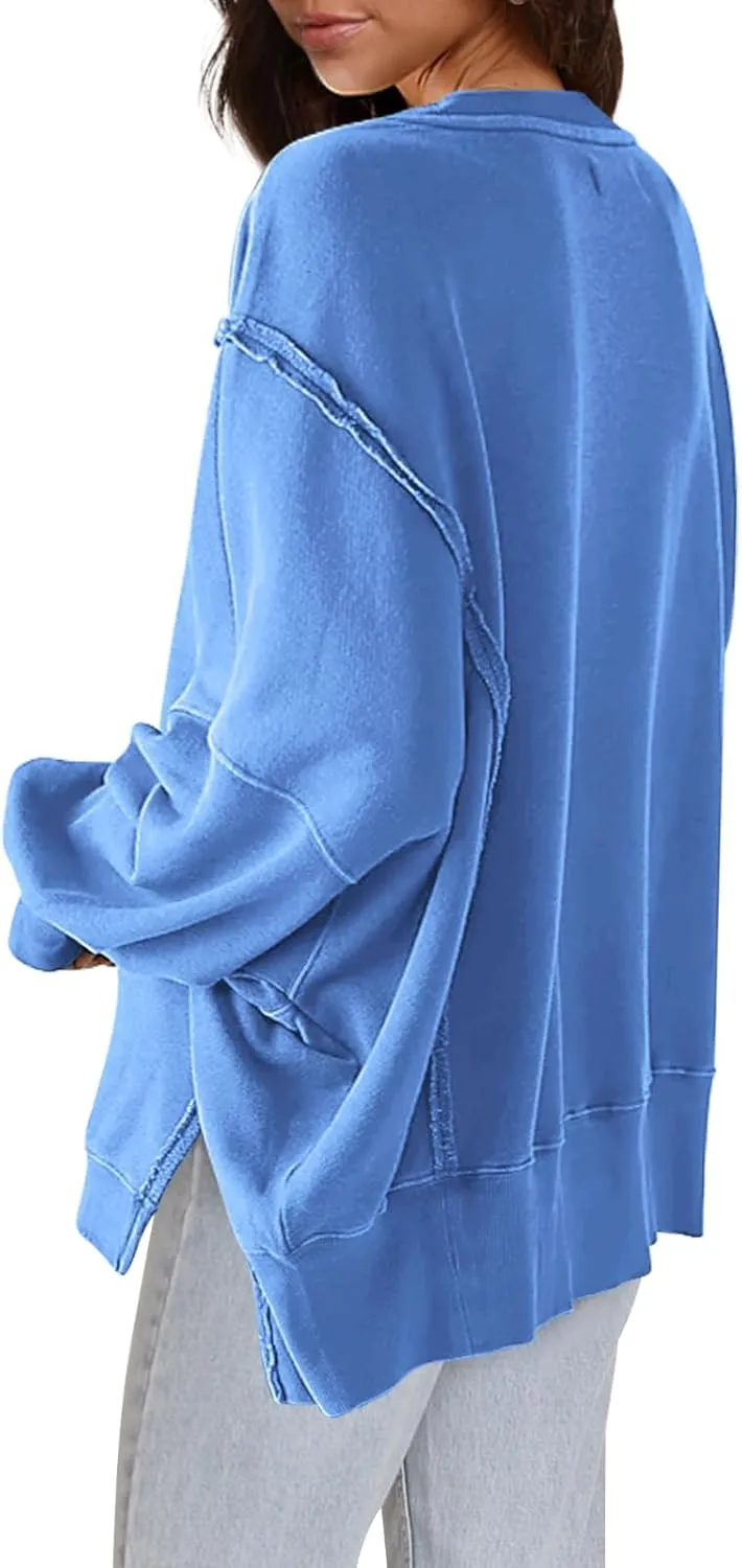Nirovien Womens Oversized Crewneck Sweatshirt Side Slit Long Sleeve Pullover Slouchy Fit Tops