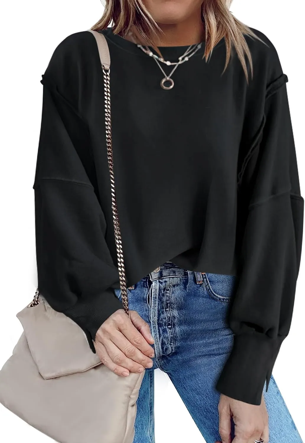 Nirovien Womens Oversized Crewneck Sweatshirt Side Slit Long Sleeve Pullover Slouchy Fit Tops