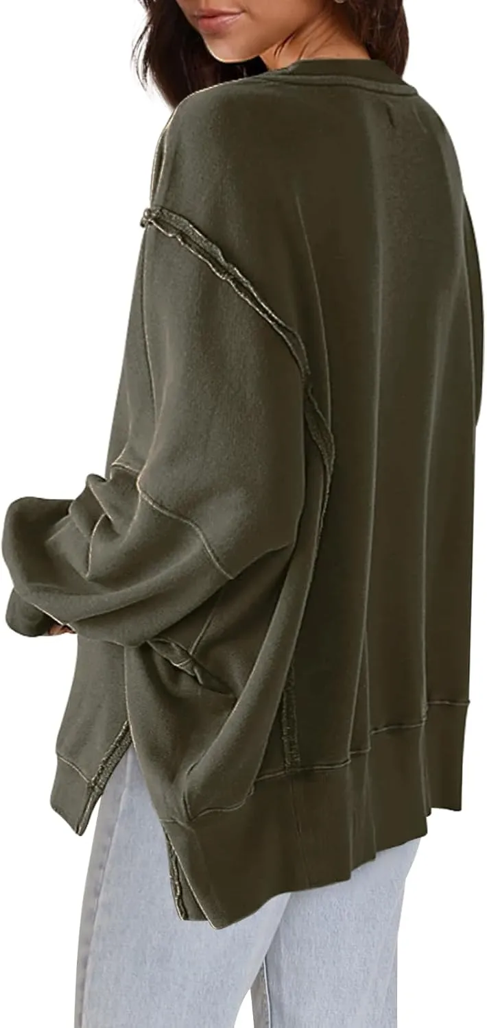 Nirovien Womens Oversized Crewneck Sweatshirt Side Slit Long Sleeve Pullover Slouchy Fit Tops