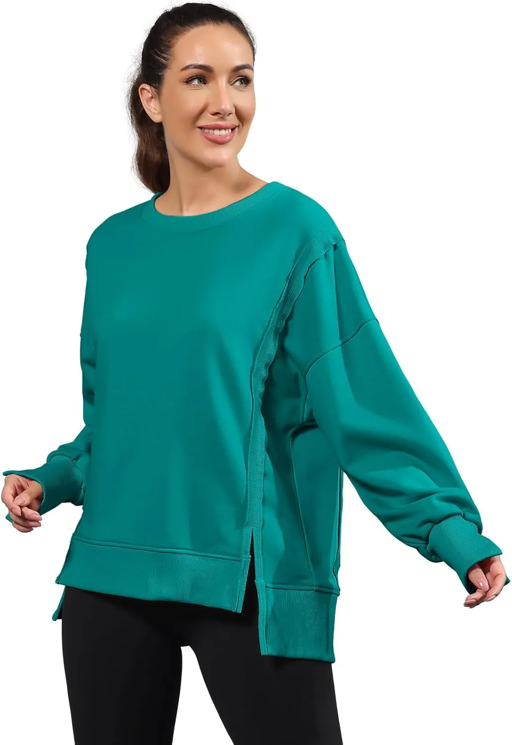 Nirovien Womens Oversized Crewneck Sweatshirt Side Slit Long Sleeve Pullover Slouchy Fit Tops