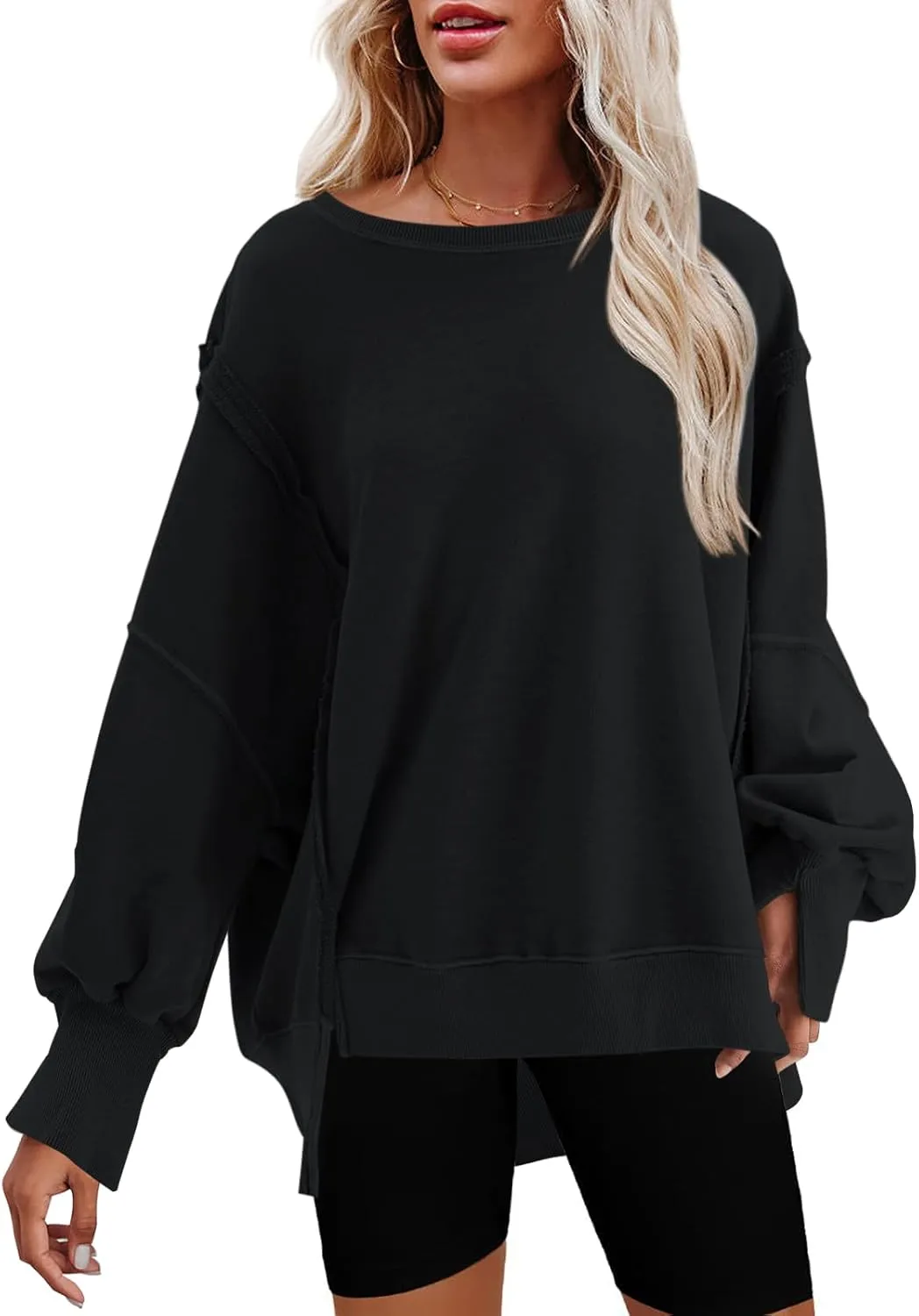 Nirovien Womens Oversized Crewneck Sweatshirt Side Slit Long Sleeve Pullover Slouchy Fit Tops