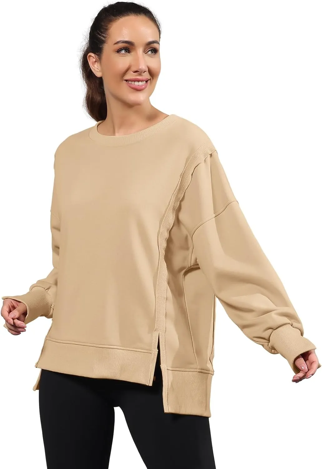 Nirovien Womens Oversized Crewneck Sweatshirt Side Slit Long Sleeve Pullover Slouchy Fit Tops