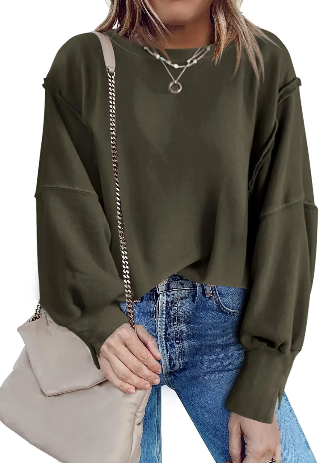 Nirovien Womens Oversized Crewneck Sweatshirt Side Slit Long Sleeve Pullover Slouchy Fit Tops
