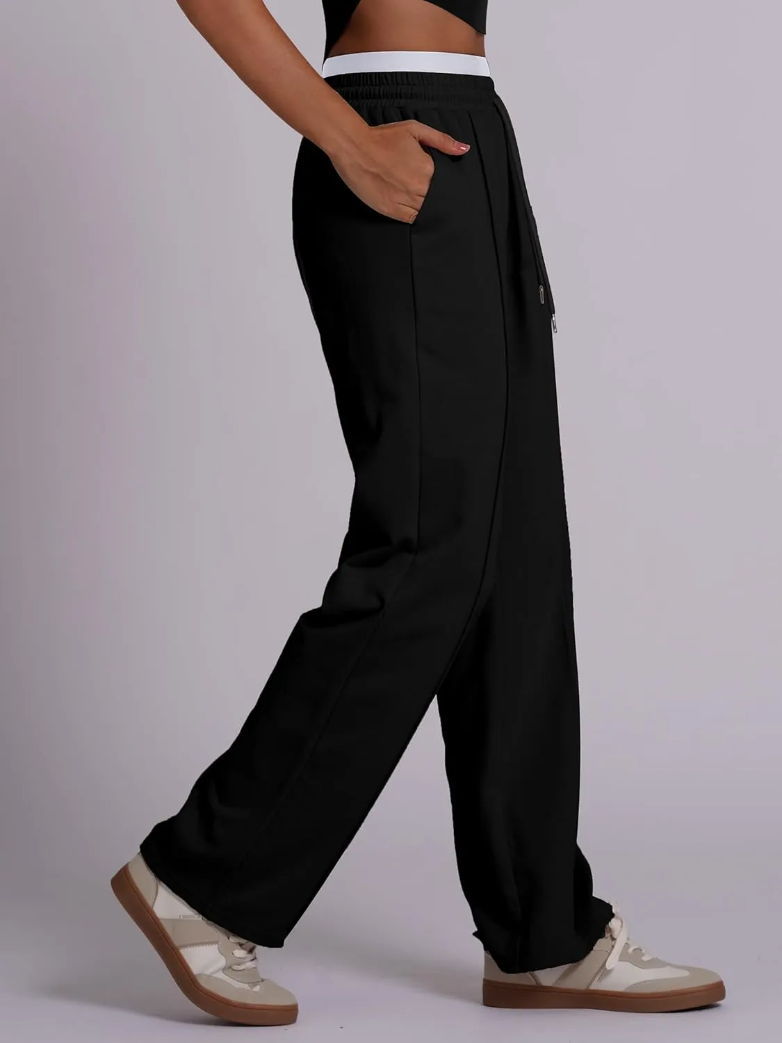 ODIZLI Women's High Waist Drawstring Contrast Panel Straight Leg Pants with Pockets Jogger Active Pants Lounge Trousers