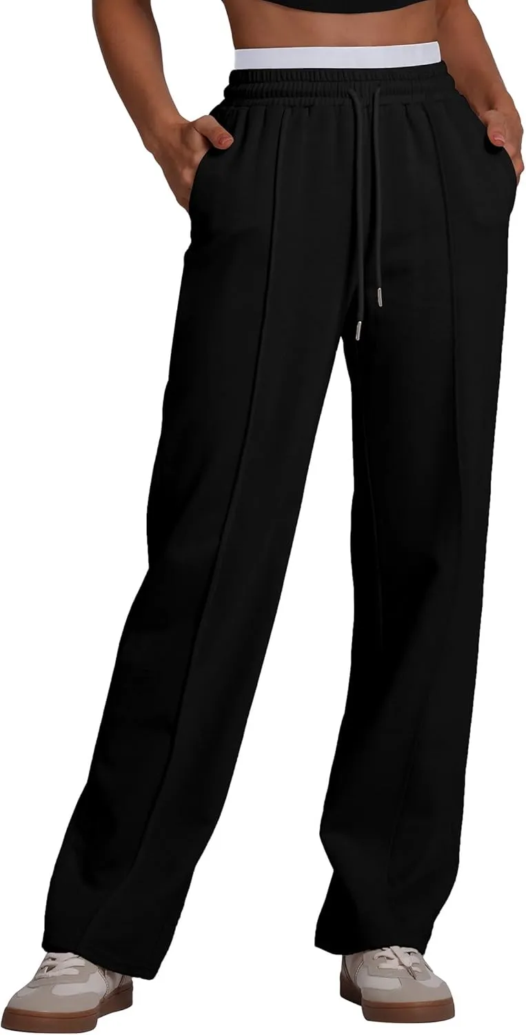 ODIZLI Women's High Waist Drawstring Contrast Panel Straight Leg Pants with Pockets Jogger Active Pants Lounge Trousers