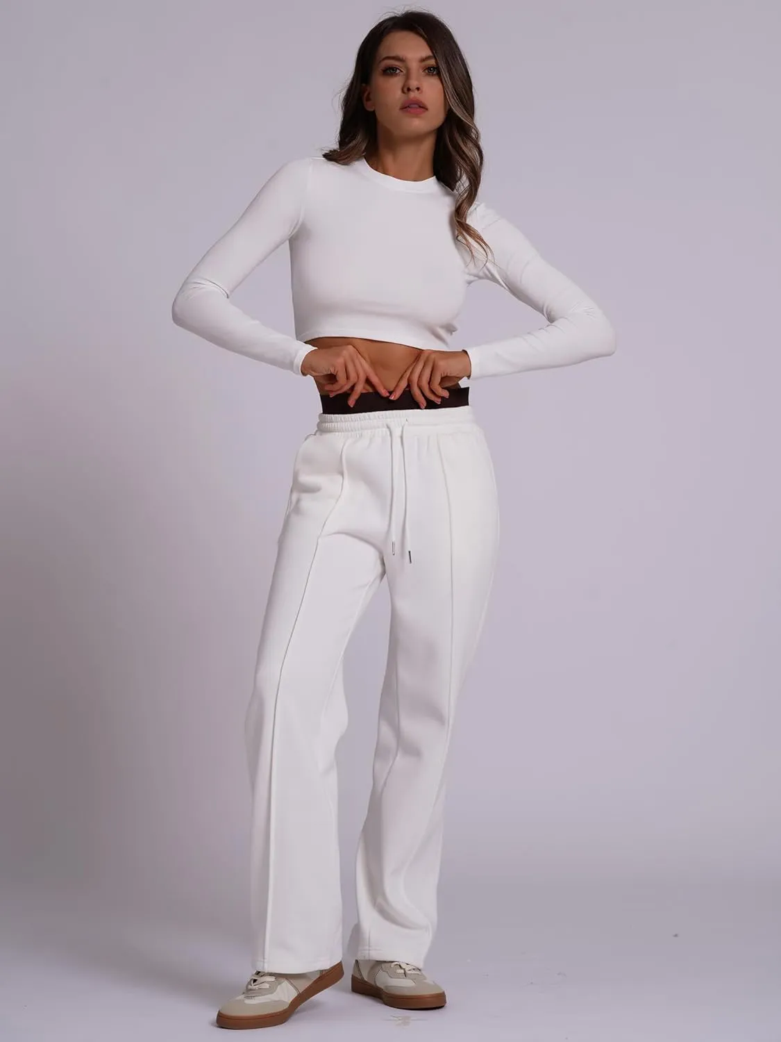 ODIZLI Women's High Waist Drawstring Contrast Panel Straight Leg Pants with Pockets Jogger Active Pants Lounge Trousers