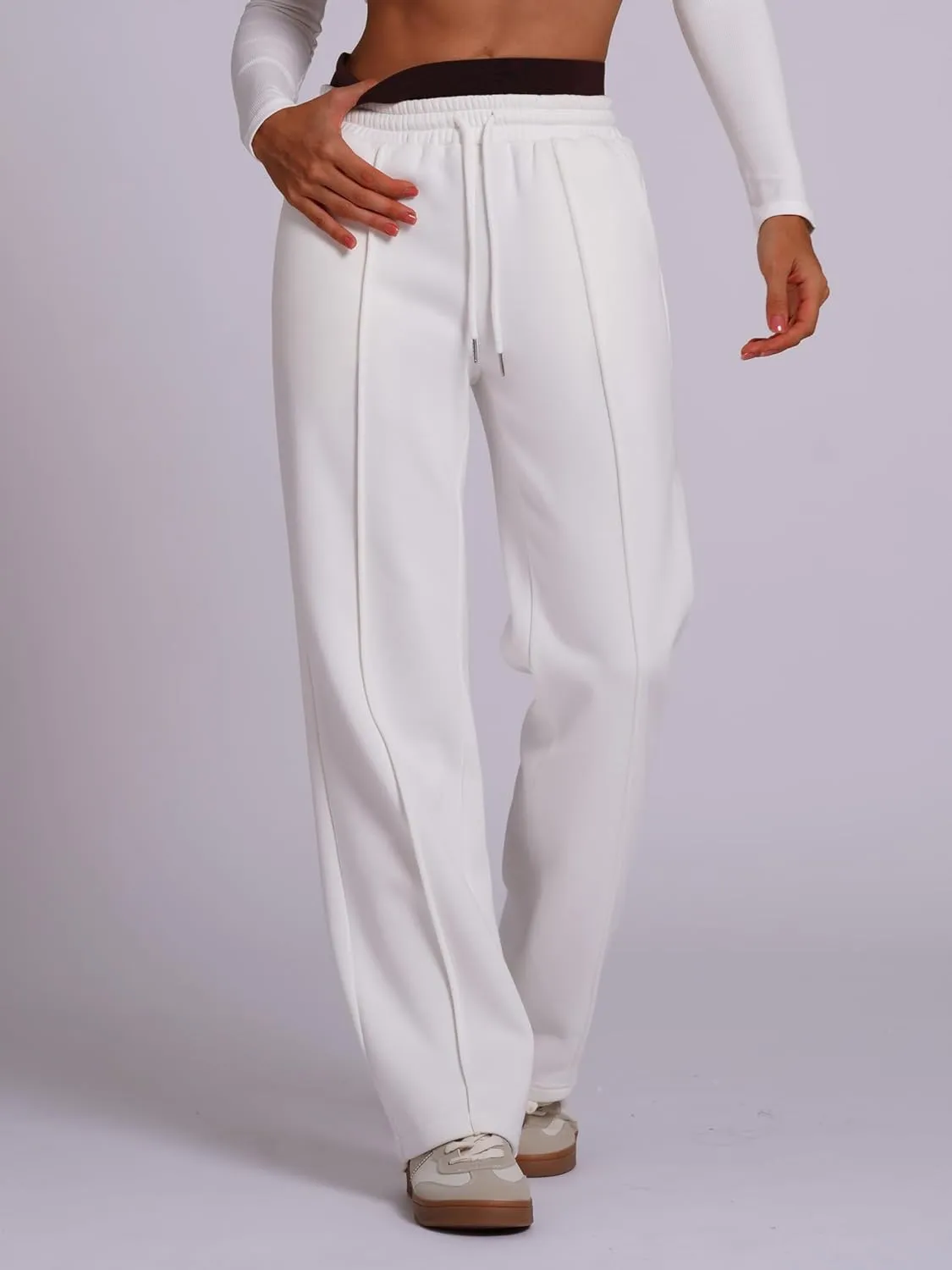 ODIZLI Women's High Waist Drawstring Contrast Panel Straight Leg Pants with Pockets Jogger Active Pants Lounge Trousers