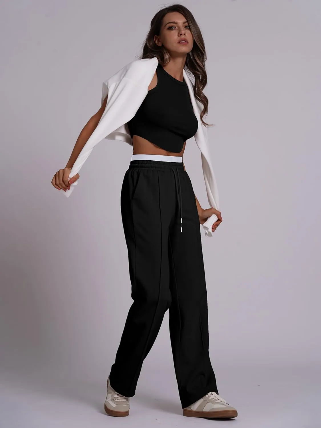 ODIZLI Women's High Waist Drawstring Contrast Panel Straight Leg Pants with Pockets Jogger Active Pants Lounge Trousers