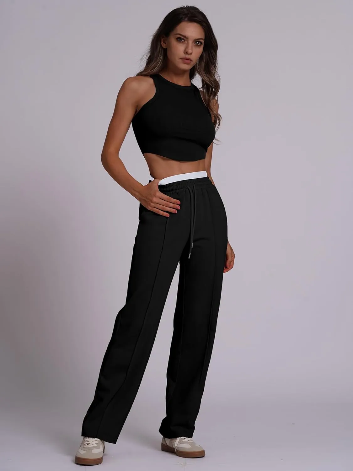 ODIZLI Women's High Waist Drawstring Contrast Panel Straight Leg Pants with Pockets Jogger Active Pants Lounge Trousers