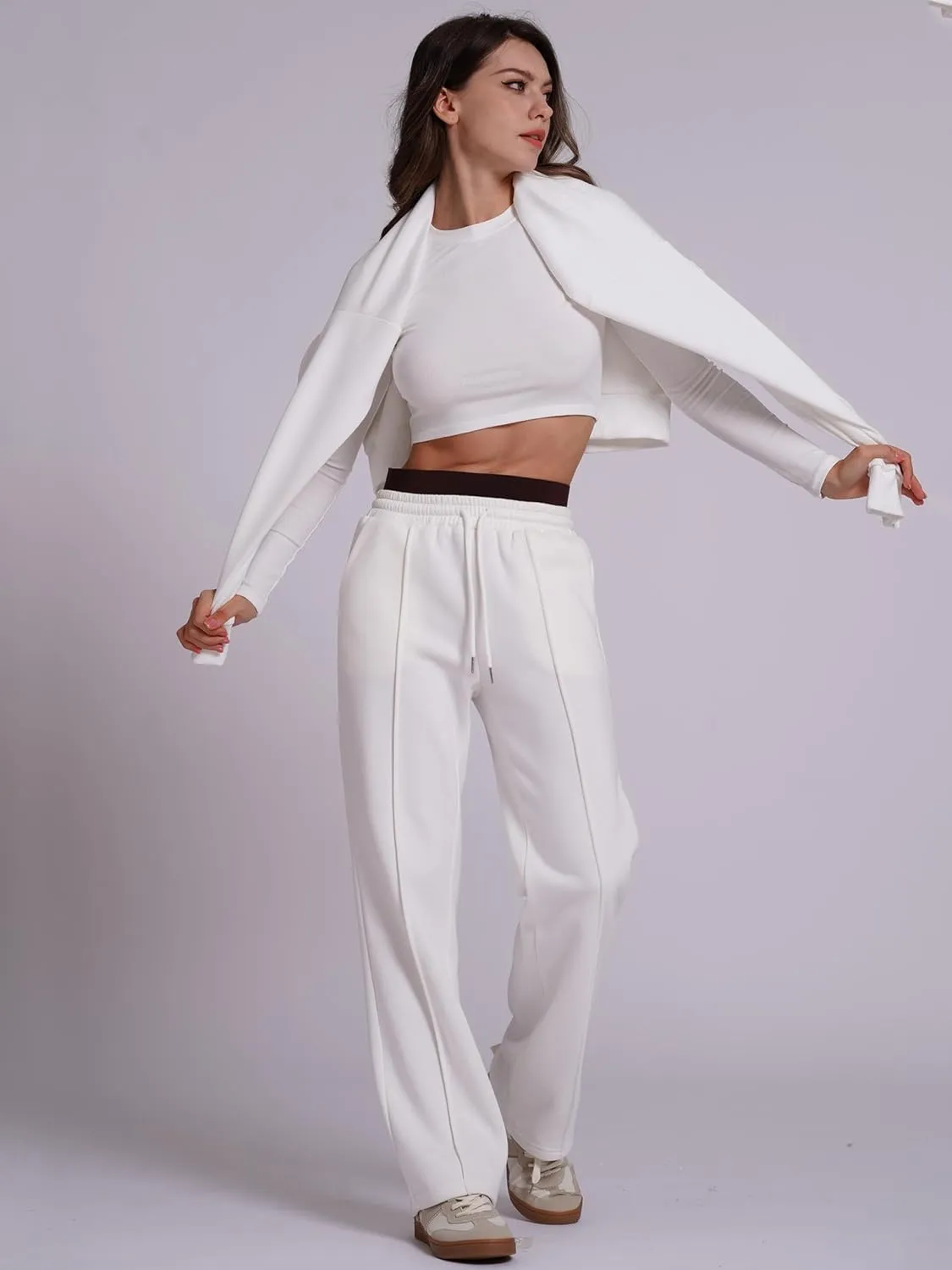 ODIZLI Women's High Waist Drawstring Contrast Panel Straight Leg Pants with Pockets Jogger Active Pants Lounge Trousers