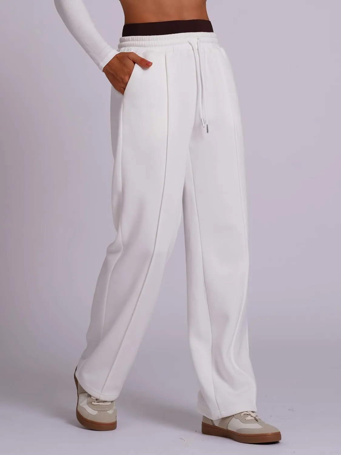 ODIZLI Women's High Waist Drawstring Contrast Panel Straight Leg Pants with Pockets Jogger Active Pants Lounge Trousers