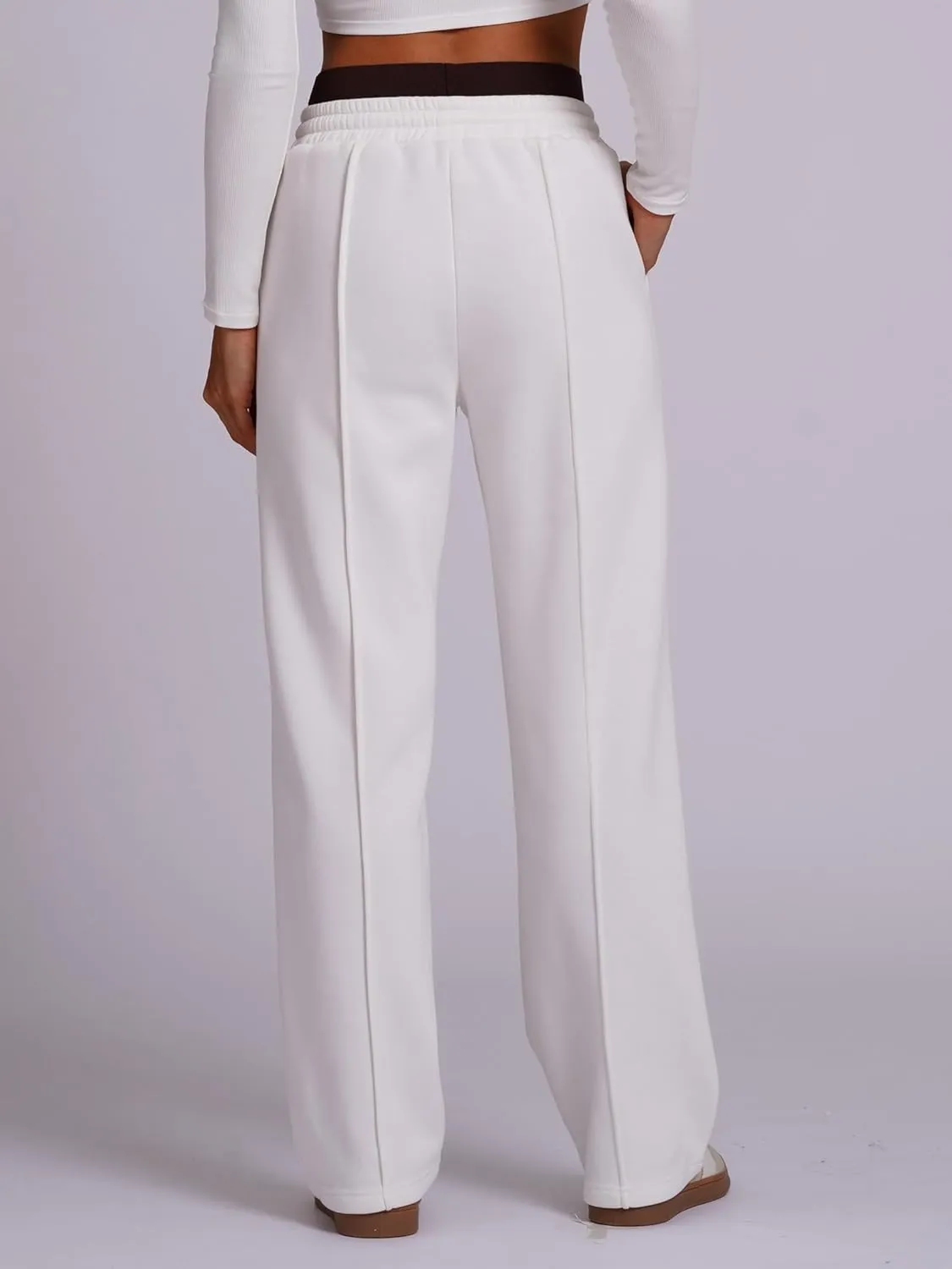 ODIZLI Women's High Waist Drawstring Contrast Panel Straight Leg Pants with Pockets Jogger Active Pants Lounge Trousers