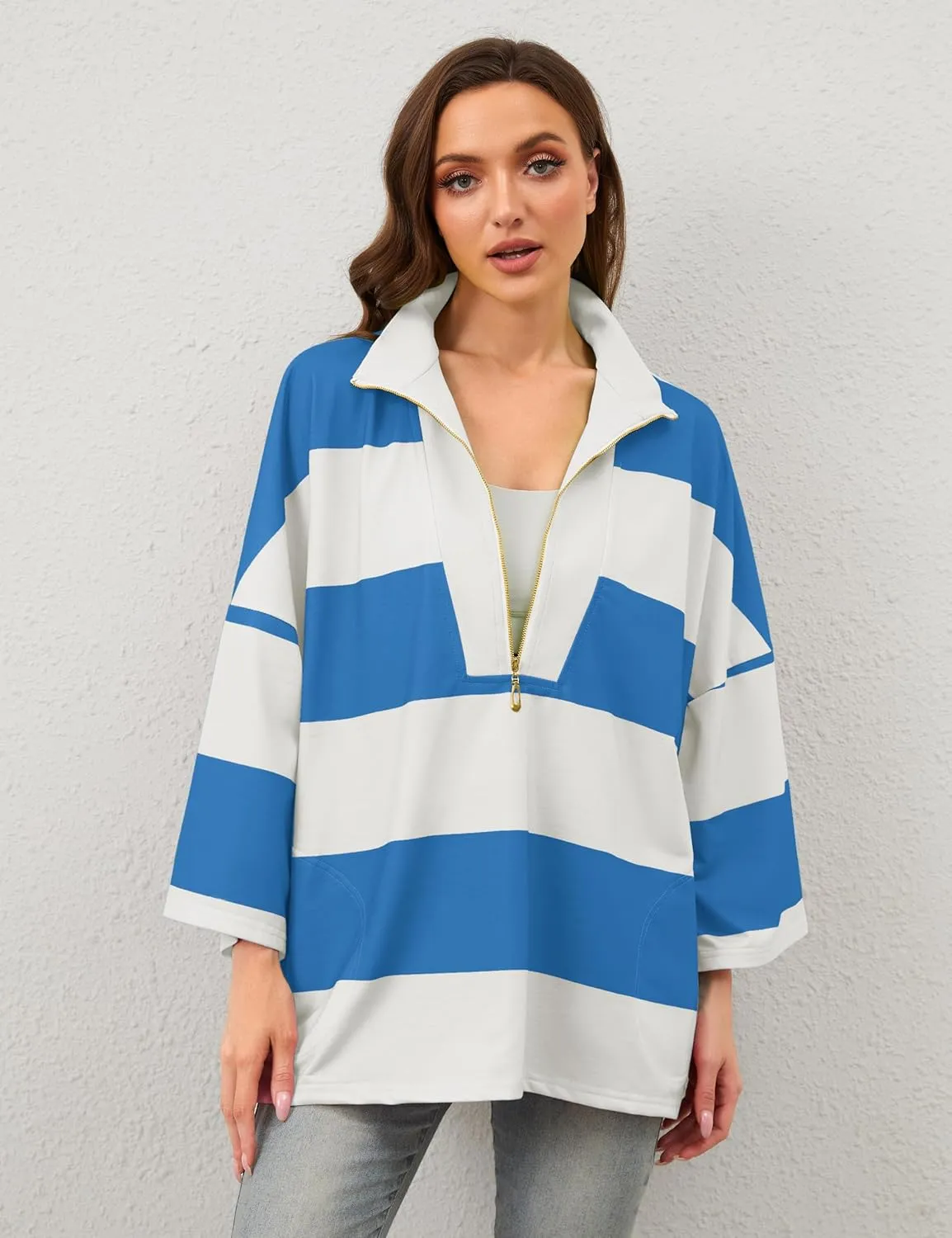 OLAPTA Women Oversized Striped Tee Shirts Half Zip Long Sleeve Colorblock T-Shirts Loose Fit V-Neck Casual Pullover Tee Tops