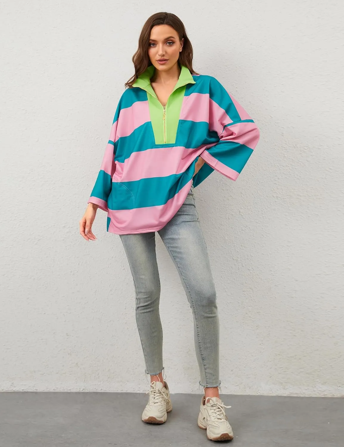 OLAPTA Women Oversized Striped Tee Shirts Half Zip Long Sleeve Colorblock T-Shirts Loose Fit V-Neck Casual Pullover Tee Tops