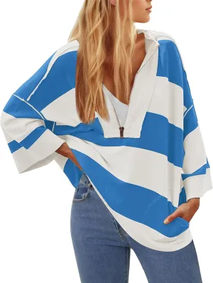 OLAPTA Women Oversized Striped Tee Shirts Half Zip Long Sleeve Colorblock T-Shirts Loose Fit V-Neck Casual Pullover Tee Tops