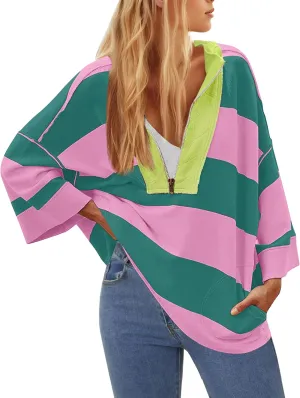 OLAPTA Women Oversized Striped Tee Shirts Half Zip Long Sleeve Colorblock T-Shirts Loose Fit V-Neck Casual Pullover Tee Tops