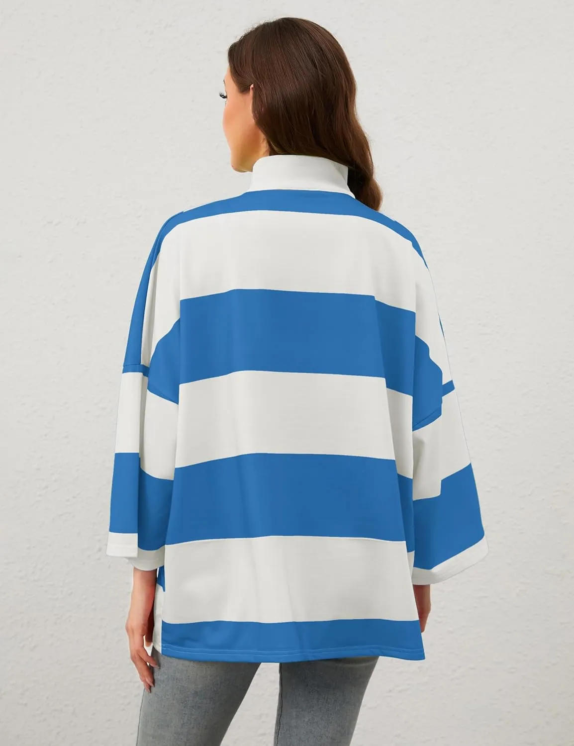 OLAPTA Women Oversized Striped Tee Shirts Half Zip Long Sleeve Colorblock T-Shirts Loose Fit V-Neck Casual Pullover Tee Tops