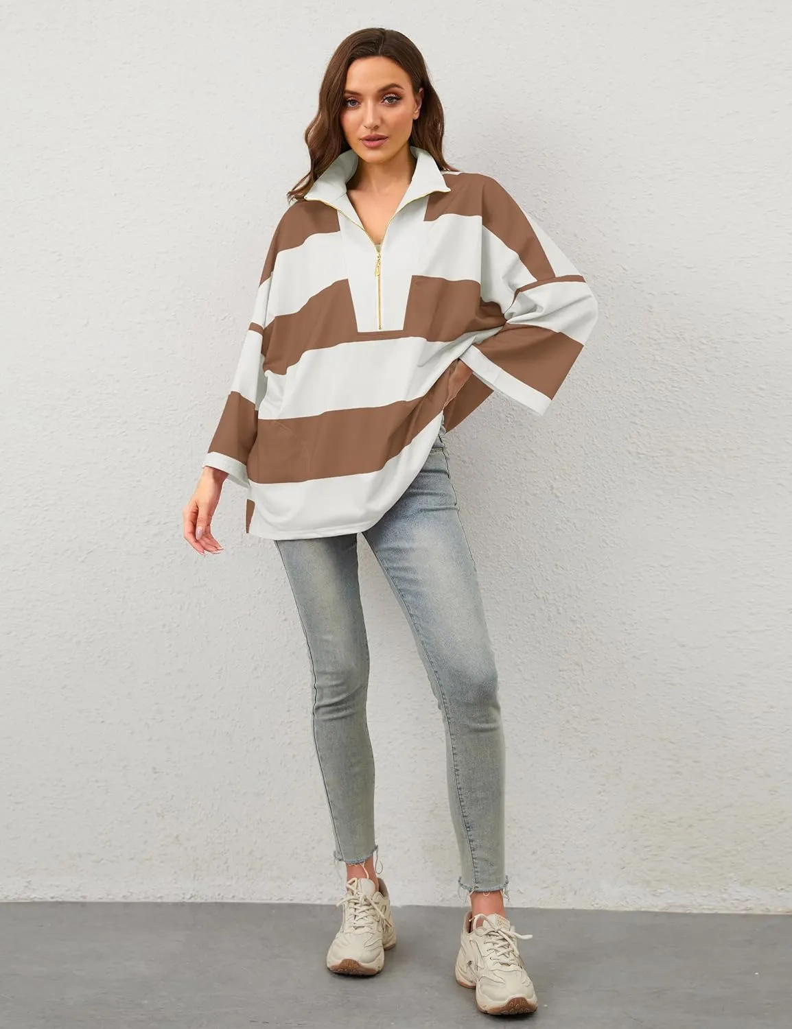 OLAPTA Women Oversized Striped Tee Shirts Half Zip Long Sleeve Colorblock T-Shirts Loose Fit V-Neck Casual Pullover Tee Tops